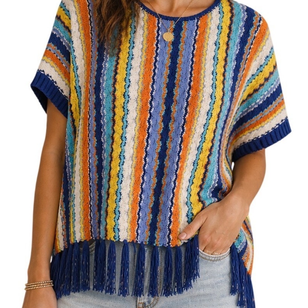 Ruby Rd Multicolor Striped Sweater Boho Fringe Hem‎ Size PL Petite Large